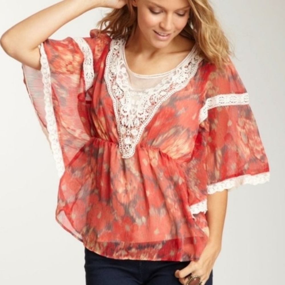 Free People Daydreamer Red Ikat Lace Trim Top